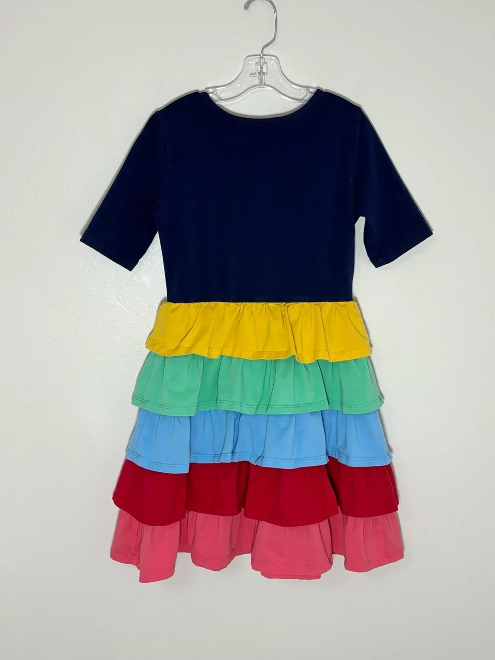 Hanna Andersson Rainbow Tiered Dress Girls 8 / 130 Navy Bow Colorblock